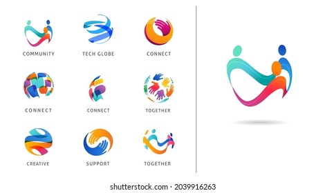 Logo set, creative, technology, biotechnology, tech icons concept design. Colorful abstract logos of creativity, community, ideas and support 