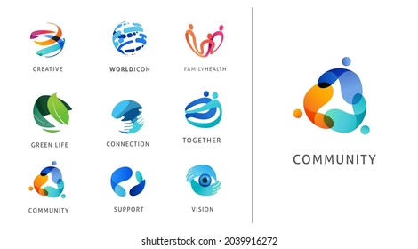 Logo set, creative, technology, biotechnology, tech icons concept design. Colorful abstract logos of creativity, community, ideas and support 