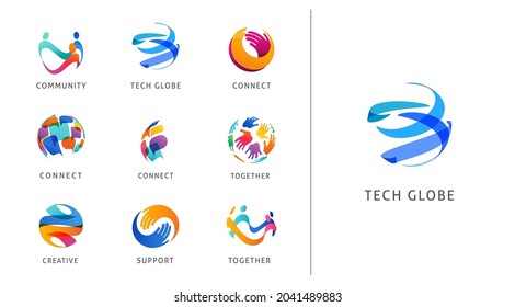 Logo set, creative, technology, biotechnology, tech icons concept design. Colorful abstract logos of creativity, community, ideas and support 