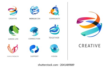 Conjunto de logotipos, creativo, tecnológico, biotecnología, diseño de iconos tecnológicos. Coloridos logos abstractos de creatividad, comunidad, ideas y apoyo 