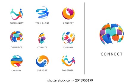 Logo set, creative, technology, biotechnology, tech icons concept design. Colorful abstract logos of creativity, community, ideas and support 
