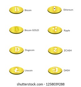 Logo Set of Cryptocurrency - Bitcoin, Bitcoin GOLD, Dogecoin, Litecoin, Ethereum, Ripple, ZCASH, DASH - Vector