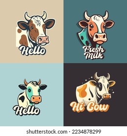 logo set of  cute cow face Cartoon Character. Happy cow milk mascot vector Illustration 