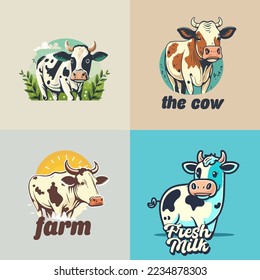 logo set of  cute cow face Cartoon Character. Happy cow milk mascot vector Illustration 