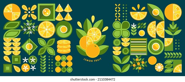 Logo and set of design elements with lemons in simple geometric style. Abstract shapes. Good for branding, decoration of food package, cover design, decorative print, background. Inspired Bauhaus.