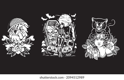 logo set design of head dog soldier , halloween artwork, black panther and beauty women vector