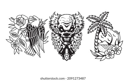 logo set of eagle, head angry clown, palm summer vector design