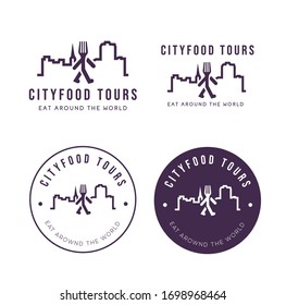 Logo Set Of Fork Logo Walking Around City For Food Tour Business Or Restaurant Vertical And Stamp Options Vector Template Design