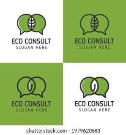 conjunto de logotipos de chat ecológico verde o consulta natural con símbolo de hojas. Burbuja de charla con diseño de logo minimalista de hierbas
