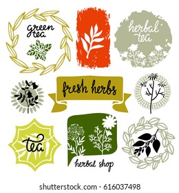 Logo set. Green tea. Flowers, herbs, leaves, plants. Hand drawn isolated on white background 