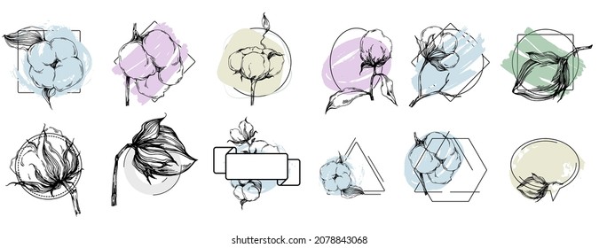 Logo set Hand drawn cotton, frame, border, promo element. Brand emblem template. Minimalistic monogram. Rustic elegant trademark or logotypes background.