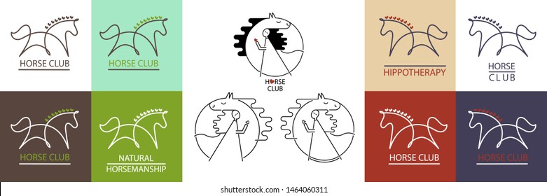 Logo set with horse in many variations: white, brown, green, red and violet background. Creative minimalistic line art style. Horse's mane with hearts. Design for horse or ridding club, hippotherapy