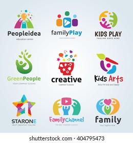 Logo set for kids and family, People care, Creative idea, Video channel, media and education symbol