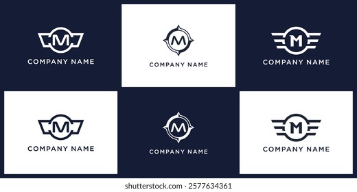 logo set M letter with compass, wing, and ring, editable vector bundle