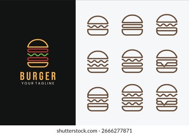 Logo set, diseño moderno del logotipo del arte de la línea de la hamburguesa. emblema del restaurante de la hamburguesa.