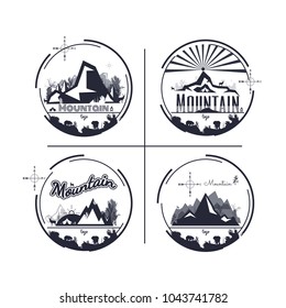 logo Set of mountain and camping. monochrome outdoor adventure design. vector on white background. tree. Wildlife. animal