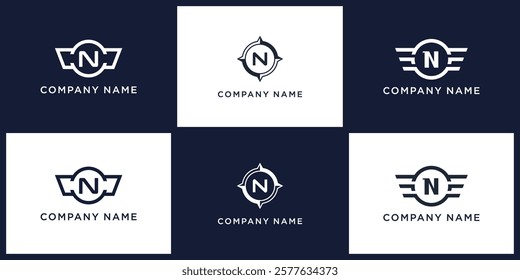 logo set N letter with compass, wing, and ring, editable vector bundle