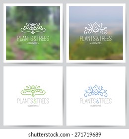 logo set of nature and ecology theme, two blurred backgrounds of forest landscape and white paper pages