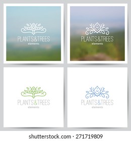 logo set of nature and ecology theme, two blurred backgrounds of landscape and white paper pages