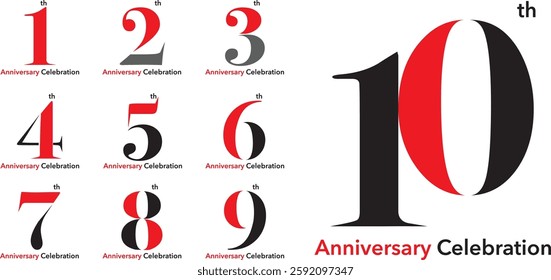 Logo Set Numbers 1 to 10 red and black there is the letter th in the upper right corner and the word Anniversary Celebration at the bottom.