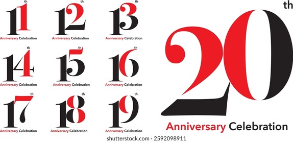 Logo Set Numbers 11 to 20 red and black there is the letter th in the upper right corner and the word Anniversary Celebration at the bottom.