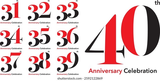 Logo Set Numbers 31 to 40 red and black there is the letter th in the upper right corner and the word Anniversary Celebration at the bottom.