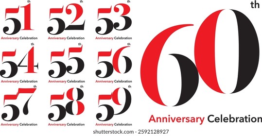 Logo Set Numbers 51 to 60 red and black there is the letter th in the upper right corner and the word Anniversary Celebration at the bottom.