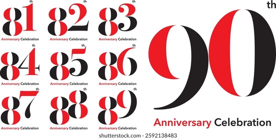 Logo Set Numbers 81 to 90 Red and Black There is the letter Th in the upper right corner and the word Anniversary Celebration at the bottom.