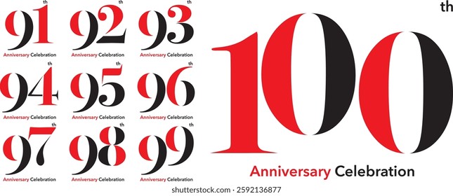 Logo Set Numbers 91 to 100 red and black there is the letter th in the upper right corner and the word Anniversary Celebration at the bottom.