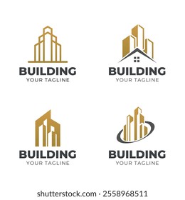 Logo Set of Office building creative symbol concept. Modern skyscraper, 3d architect, construction silhouette abstract business logo. Cityscape, apartment icon.