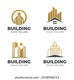 Logo Set of Office building creative symbol concept. Modern skyscraper, 3d architect, construction silhouette abstract business logo. Cityscape, apartment icon.