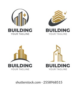 Logo Set of Office building creative symbol concept. Modern skyscraper, 3d architect, construction silhouette abstract business logo. Cityscape, apartment icon.