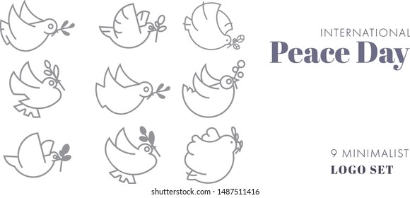 Logo set of peace doves in minimalist style. Pigeons holding olive branch. September's Day of Peace Celebration