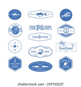 Logo set for seafood restaurant or bar with a picture of the fish. Blue sings on white background.