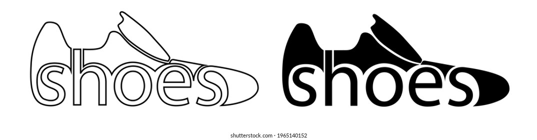 Logo. A set of two sneakers, one drawn in black silhouette and the other in outline style. Shoes are written on the inside. Stock vector illustration isolated on white background.