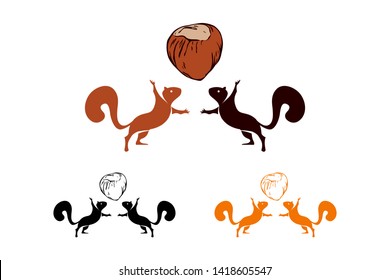Logo set of two vector squirrels silhouettes and hazelnut isolated on white background. Logo set of squirrels with nuts in orange, black and brown colors.