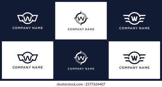 logo set W letter with compass, wing, and ring, editable vector bundle