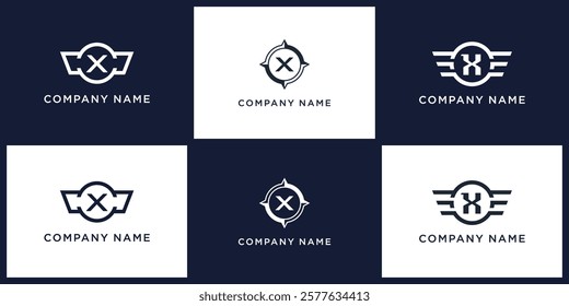 logo set X letter with compass, wing, and ring, editable vector bundle
