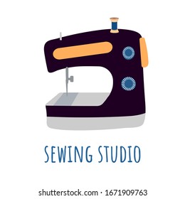 Logo sewing machine on a flat background in the style of a flat. Black cartoon tool for tailoring, sivol sewing courses, tailor shop, fashion design. Modern hand drawn logo for a company or studio for