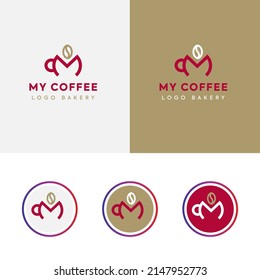 Logo in the shape of a coffee cup with a coffee bean. Mug in the shape of the letter "M"