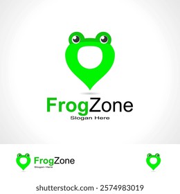 Logo with a shape of a combination of a frog and a logo, with a green color.