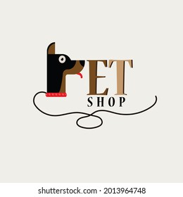 The logo with the shape of a dog's head forms the word PET. Pet shop brand logo design. Or animal business brand brand
