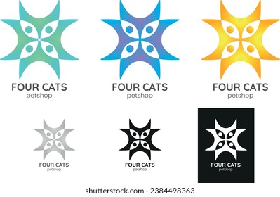 Logo in Form von vier Katzenköpfen. Zur Verwendung in Boutiquen-Marken, Tierschutz, Tiergesundheit, Tierpflege-Kliniken. Logo mit Farbverlauf-Kunst.