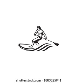 a logo with the shape of a masculine man playing a surfboard.