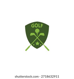 El logotipo tiene forma de escudo verde. En la parte superior está la palabra “GOLF”. En el centro del escudo hay dos palos de golf cruzados y una pelota de golf. En la parte inferior del escudo hay tres estrellas, que simbolizan la calidad y la excelencia. Este logotipo transmite una impresión elegante, exclusiva y profesional, adecuada para clubes de golf o marcas relacionadas con el golf.