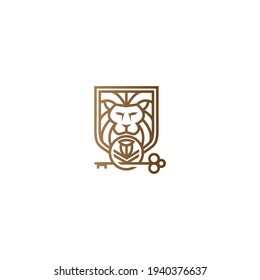 logotipo en forma de escudo de cabeza de león con mordaza de llave.