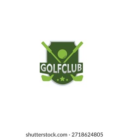 O logótipo tem a forma de um escudo e é predominantemente verde. No centro está o texto curvo "CLUBE DE GOLFE." Abaixo do texto estão três estrelas que simbolizam qualidade e excelência. No topo do logotipo estão dois tacos de golfe cruzados e uma bola de golfe.