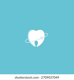El logotipo tiene forma de diente, con un contorno azul curvo que rodea el diente. En el lado derecho, en el centro del contorno, hay un signo más, enfatizando el cuidado médico o dental.