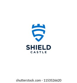 Logo shield castle blue on isolated white background
