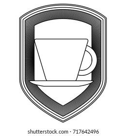 logo shield decorative of cup of coffee with handle on dish striped silhouette on white background vector illustration
